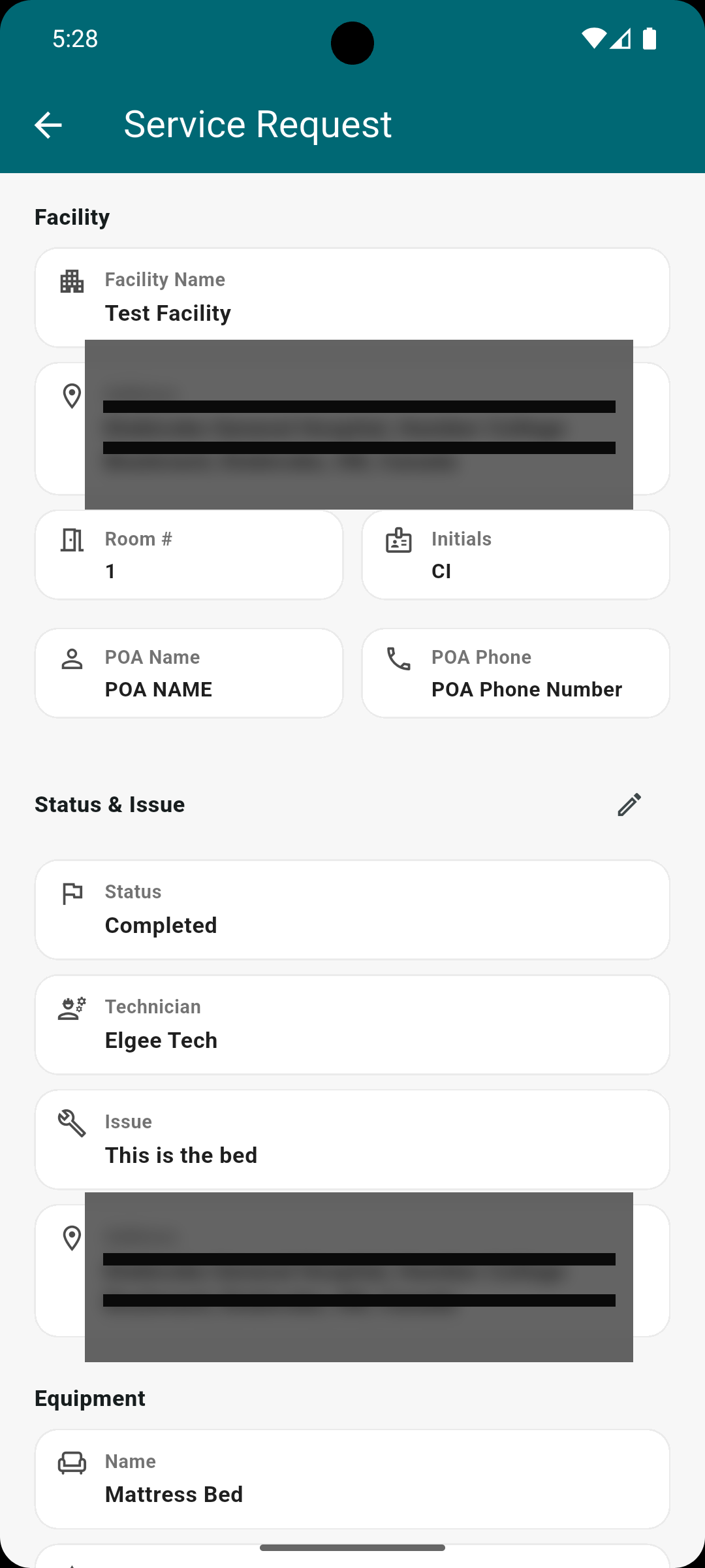 Medical equipment service request screen